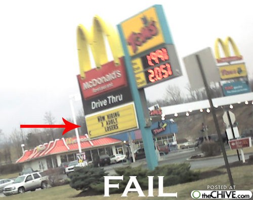 Надпись: "Сегодня нанимаем на работу трех взрослых лузеров"